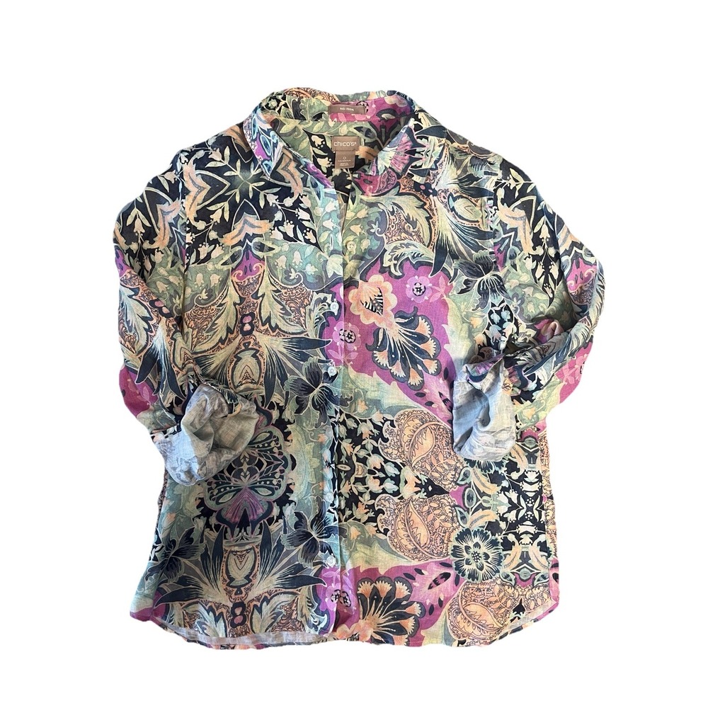 Chico's Shirt Womens 0 S (4/6) Floral 100% Linen Non-Iron Roll Tab Sleeve